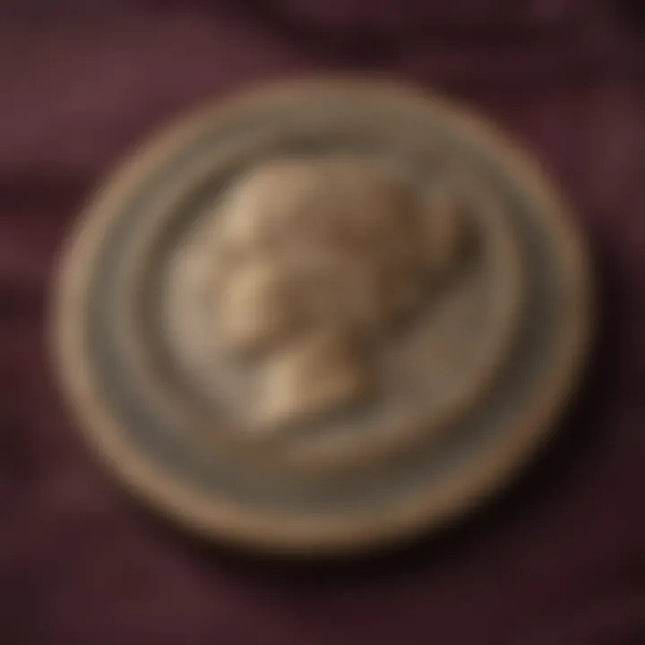 An antique coin displayed on a velvet cushion illustrating its value