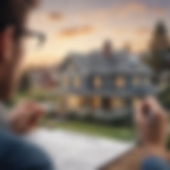 A person examining a house with a clipboard and a thoughtful expression