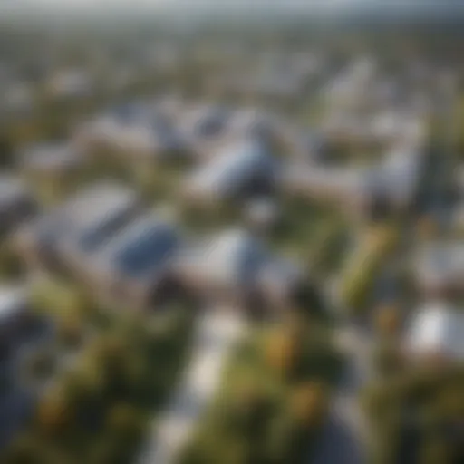 Aerial view of a modern college campus with real estate program signage