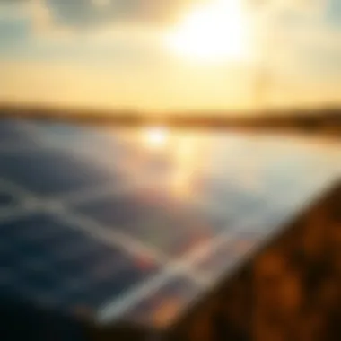 A solar panel array reflecting sunlight in an open field