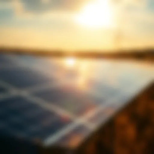 A solar panel array reflecting sunlight in an open field