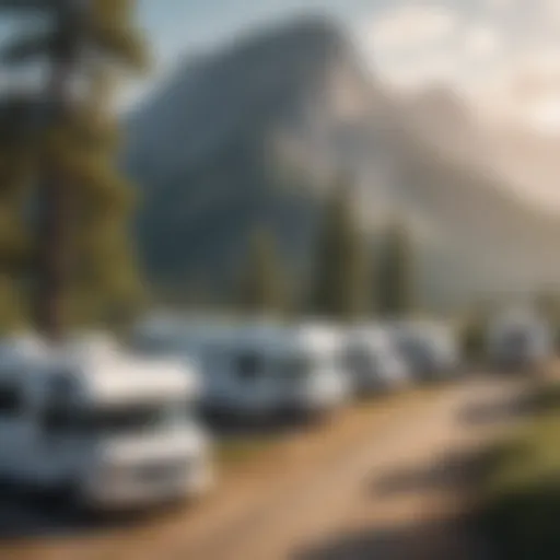 A scenic view of parked used motorhomes at a campground