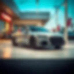 A sleek new car parked at a dealership showcasing its features