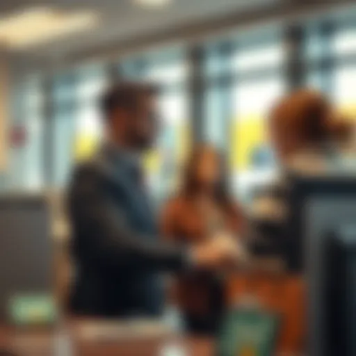 A bank setting with a teller assisting a customer.