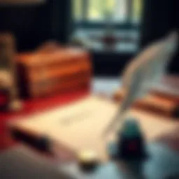 A serene desk setup with a quill, ink, and parchment symbolizing the act of writing a will.